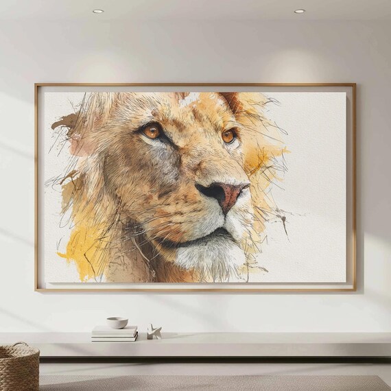 Lion Portrait Canvas Wall Art Watercolor Style Animal Print