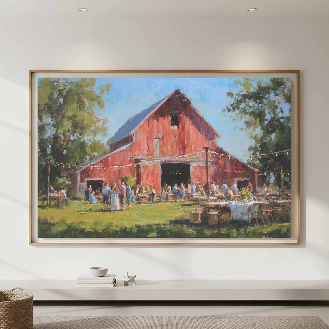 Rustic Red Barn Wedding Reception String Lights Country Art Poster