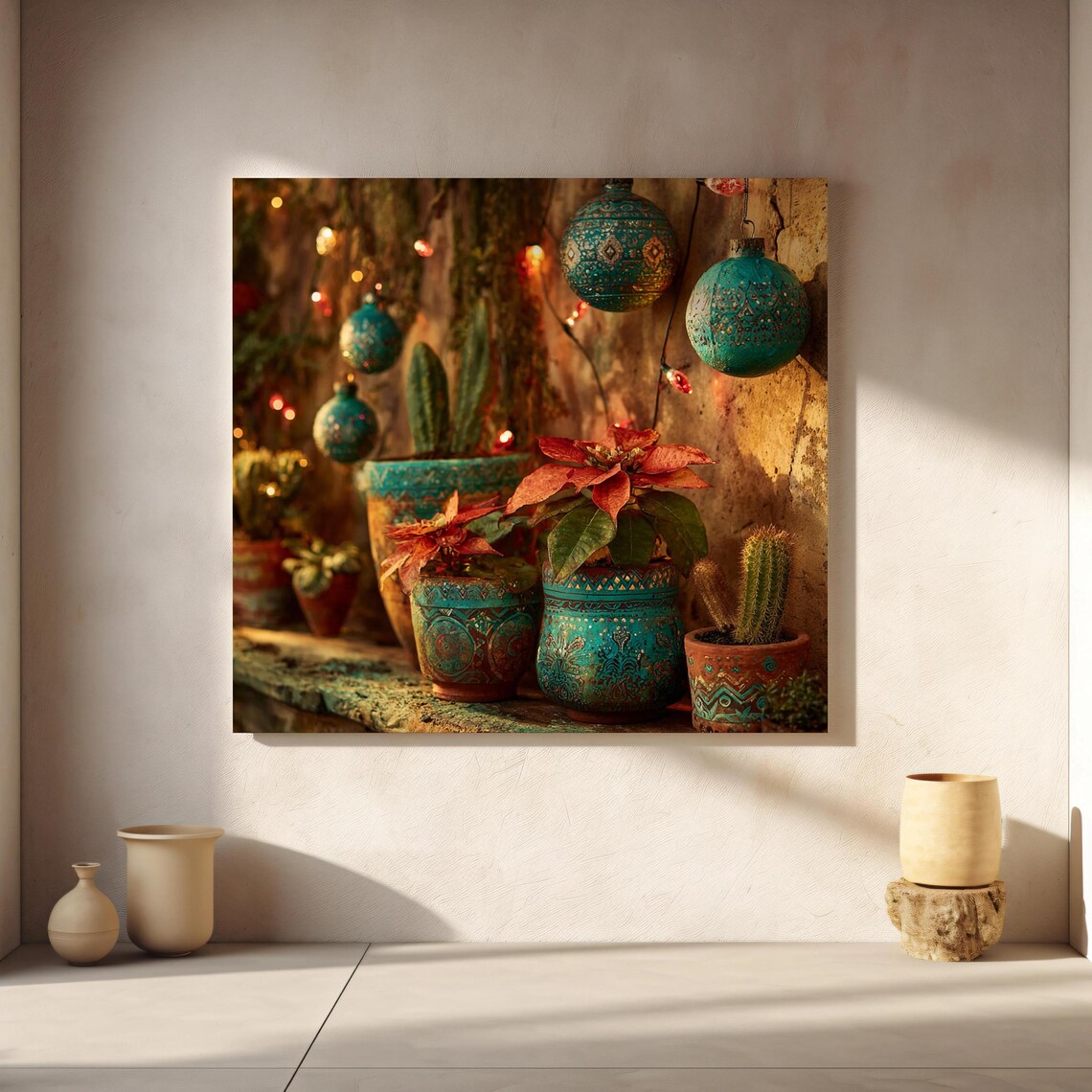 Southwestern Desert Christmas Poster Turquoise Pots And Cacti