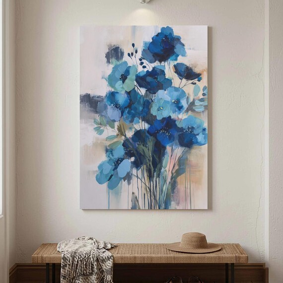 Abstract Blue Floral Canvas Print Modern Navy Bouquet Wall Art