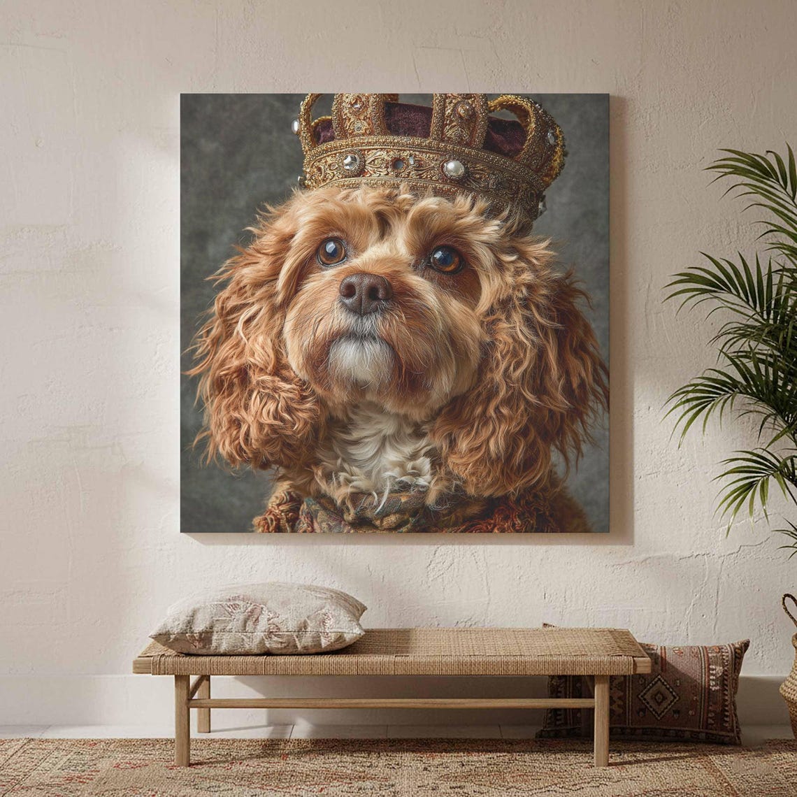Cavapoo Dog Wearing Golden Royal Crown Regal Pet Portrait Poster