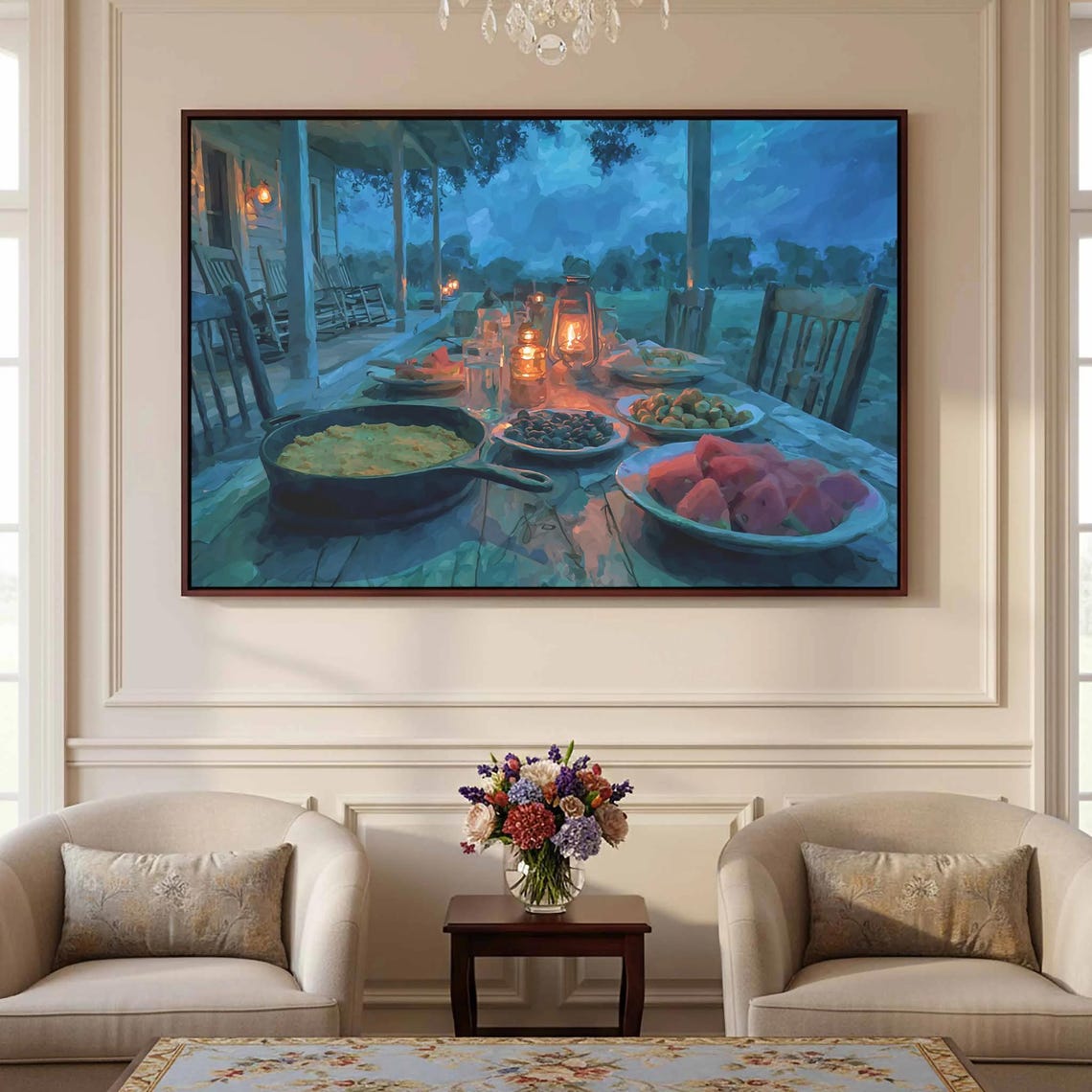 Southern Porch Supper Painting Lantern Skillet Feast Wall Art