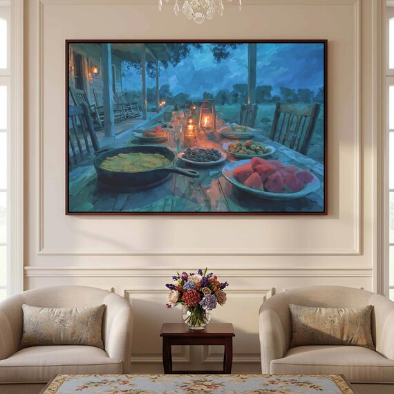 Southern Porch Supper Painting Lantern Skillet Feast Wall Art