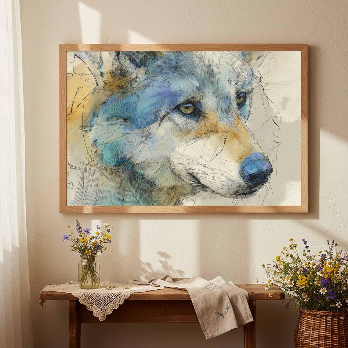Wolf Portrait Blue Gold Watercolor Sketch Wildlife Art Poster