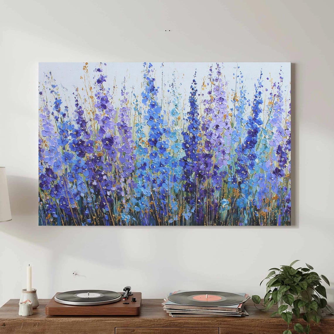 Blue Purple Wildflowers Impressionist Floral Oil Painting Wall Art
