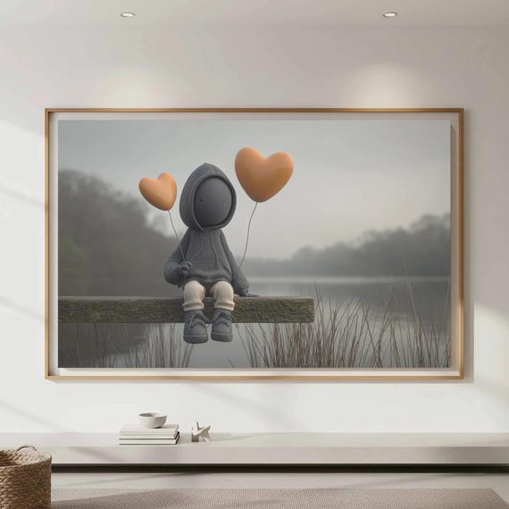 Lonely Figure Lake Art Print Minimalist Contemplative Wall Decor