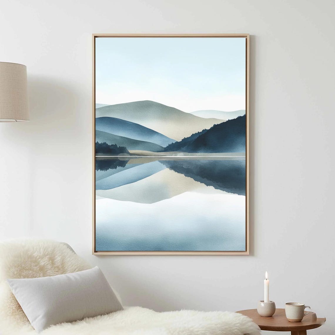 Minimalist Blue Mountain Lake Reflection Watercolor Art Poster