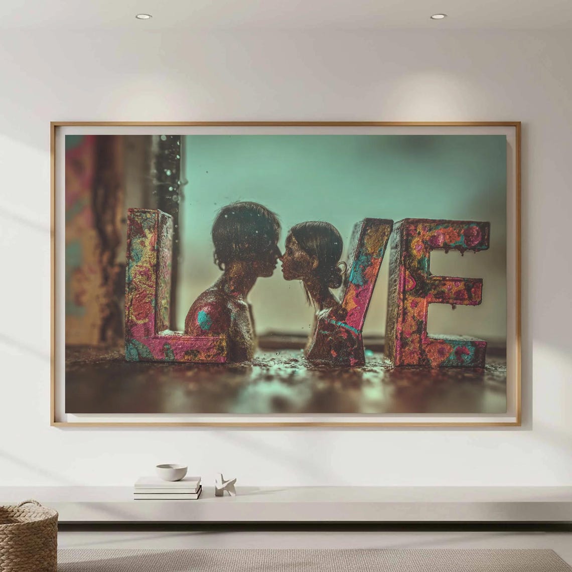 Romantic Couple Kissing Between Giant LOVE Letters Art Poster
