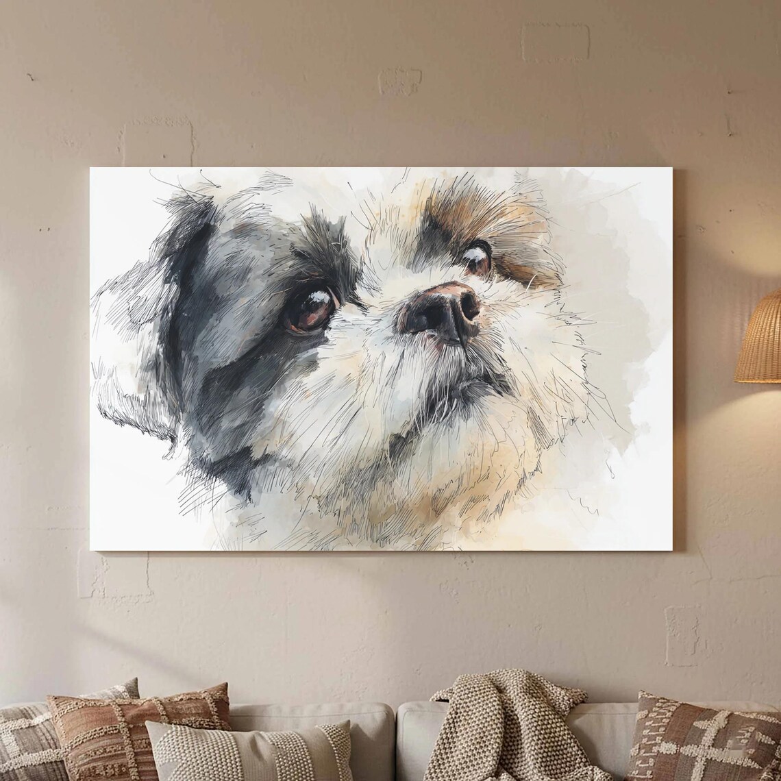 Shih Tzu Dog Portrait Watercolor Sketch Style Fluffy Pup Art Poster
