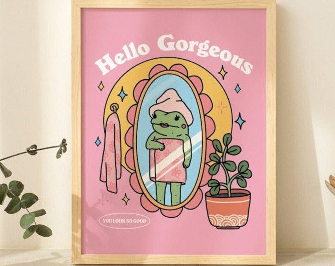 Hello Gorgeous Pink Frog Mirror Selfie Y2K Girly Bathroom Poster