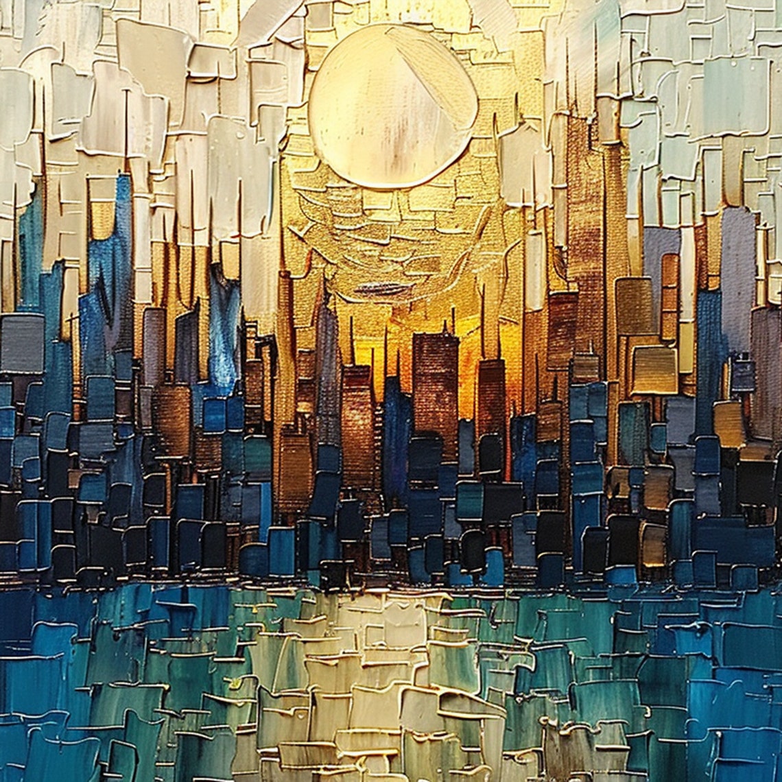 Mosaic Blue City Skyline with Golden Sun Thick Impasto Poster - Image 5