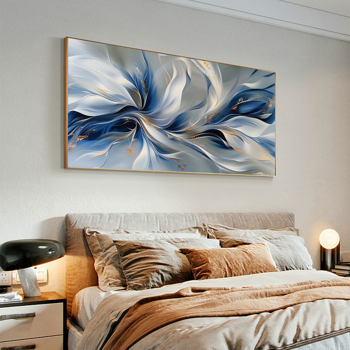 Blue White Silk Flow Gold Accents Abstract Flowing Painting Poster - Image 5