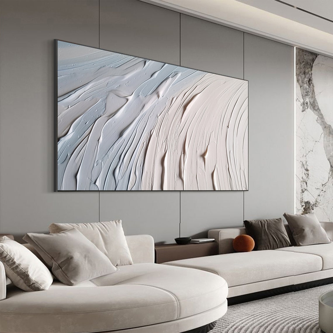 Blue To White Swirl Wave Texture Horizontal Abstract Painting Poster - Image 6