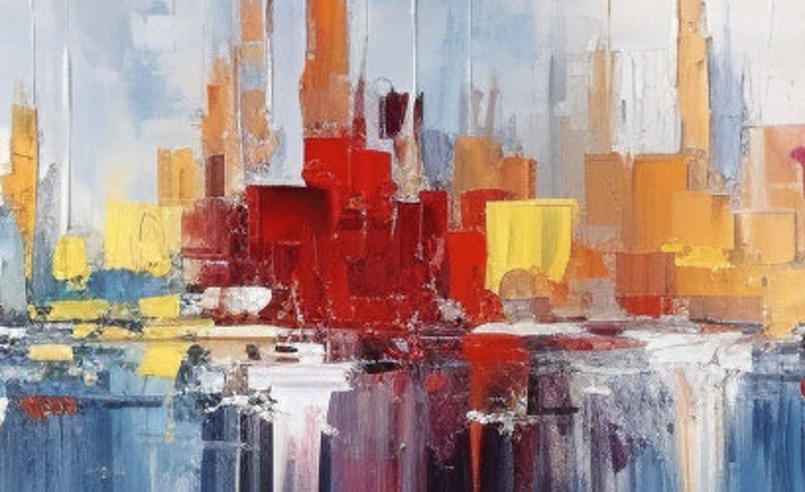 Red and Blue Abstract City Towers Water Reflection Art Poster - Image 4