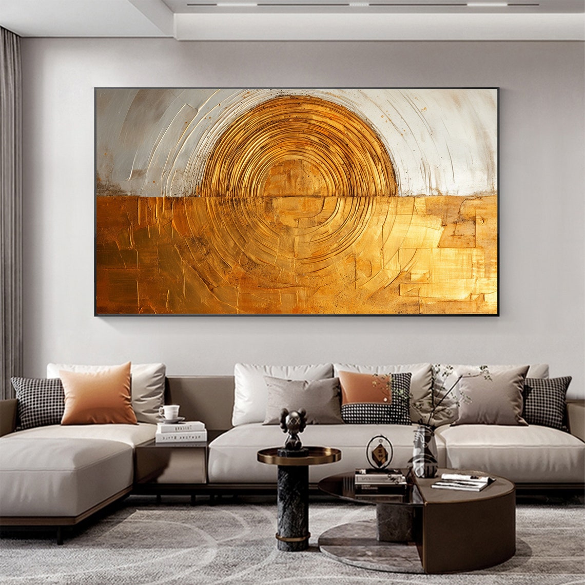 Golden Circle Sun Gray Minimalist Textured Abstract Painting Poster - Image 7