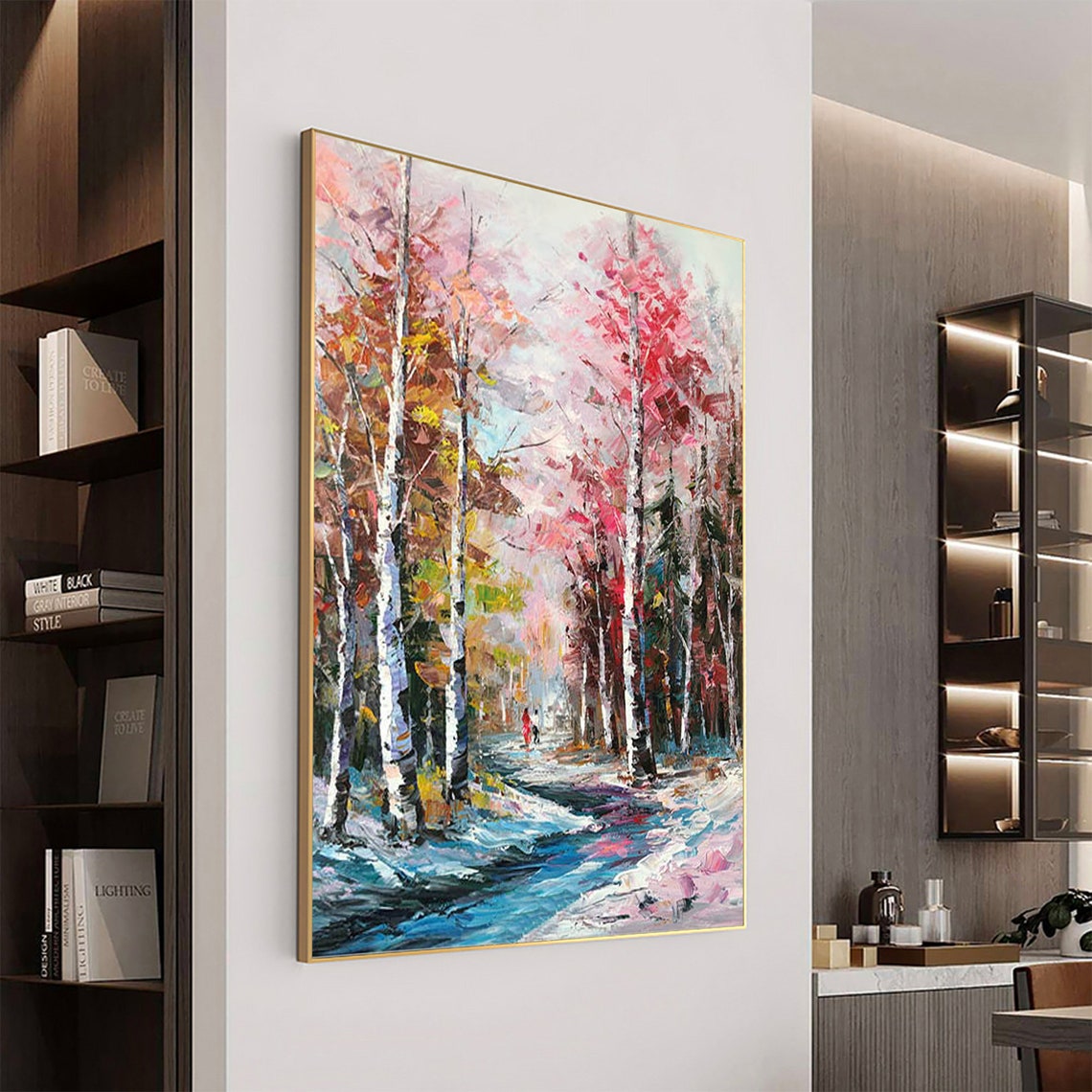 Pink Birch Forest Stream Vertical Autumn Landscape Painting Poster - Image 6