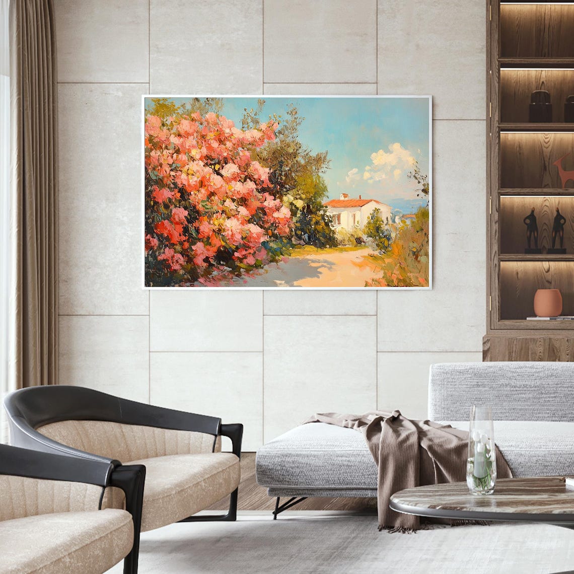 Pink Blossom Bushes Cottage Path Impressionist Landscape Poster - Image 3