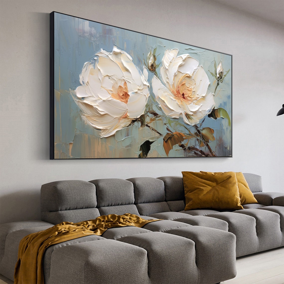 White Roses Blue Gray Background Impasto Floral Painting Poster - Image 6