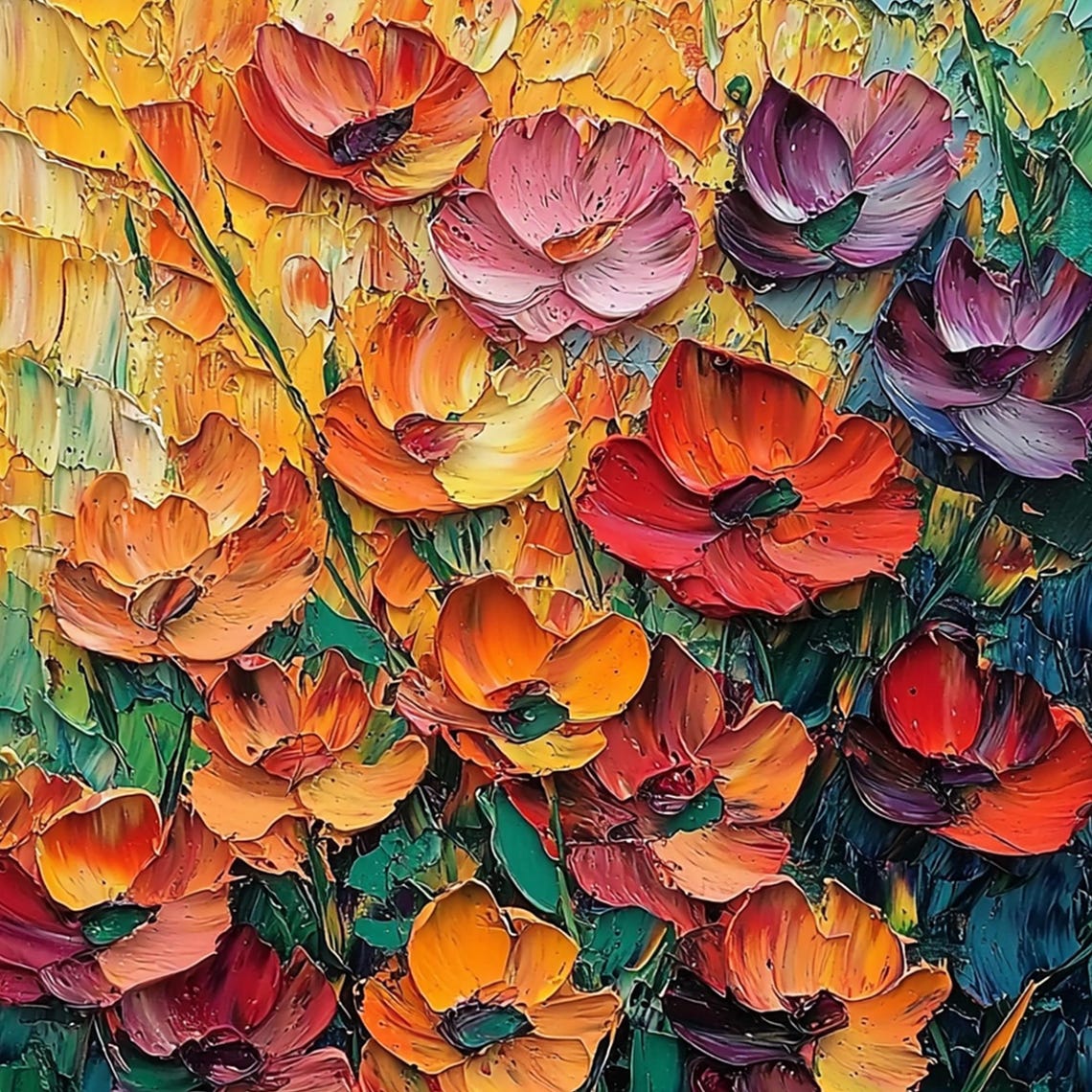 Orange Red Poppy Flowers Teal Impasto Square Floral Painting Poster - Image 6