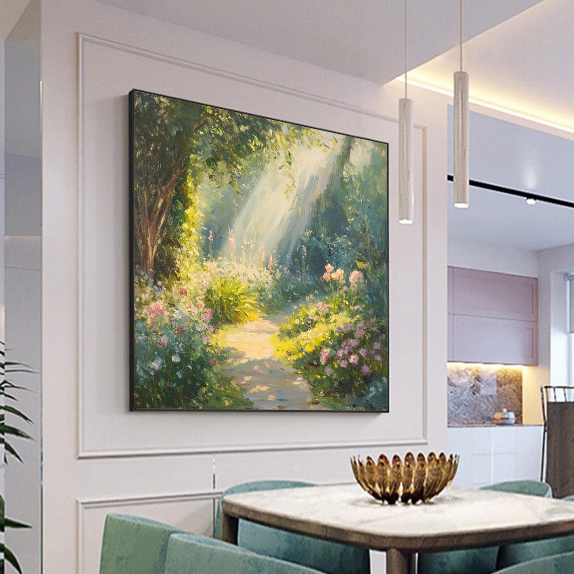 Sunlit Garden Path with Flowers and Light Rays Painting Poster - Image 4