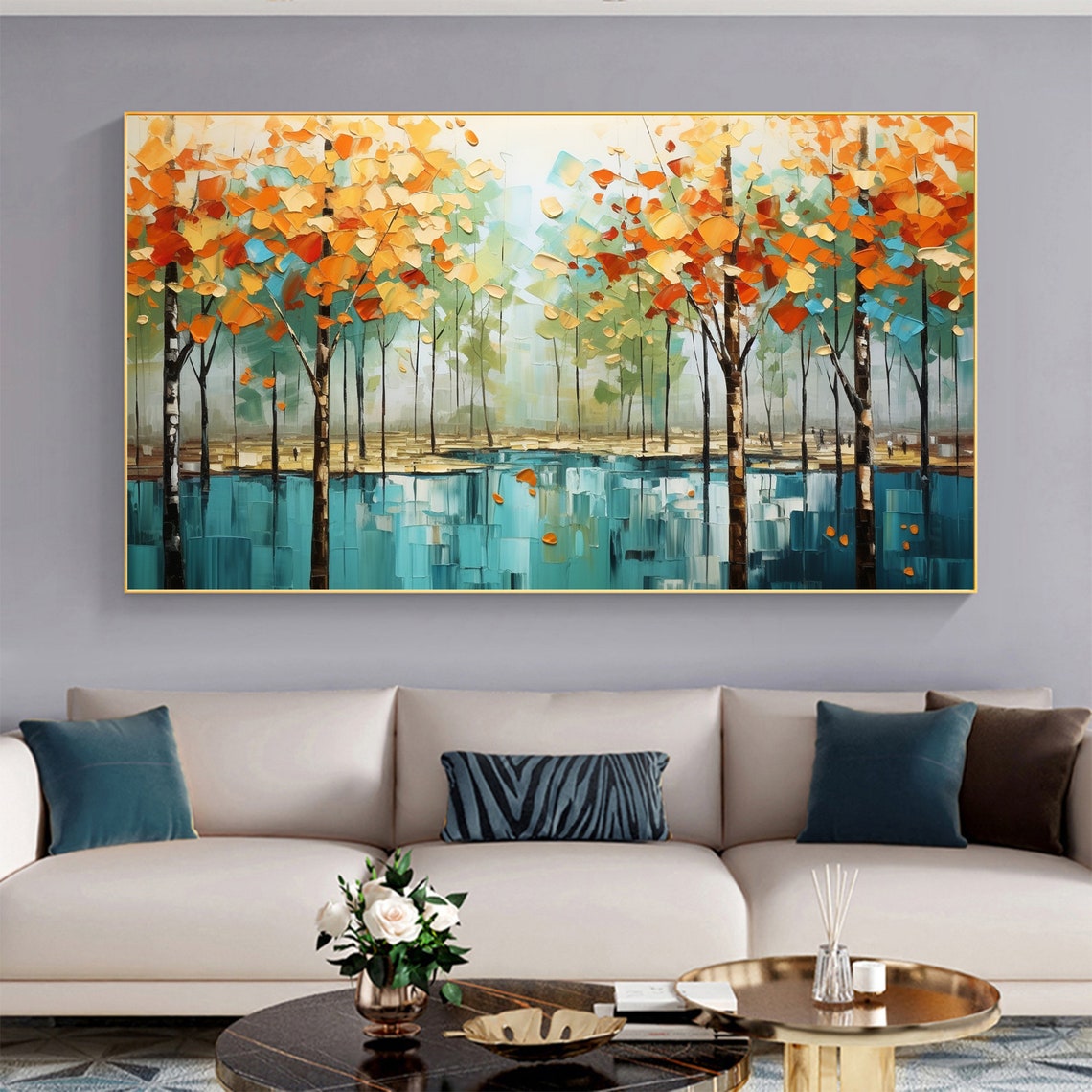 Autumn Trees with Orange Foliage Reflecting in Teal Lake Poster - Image 6