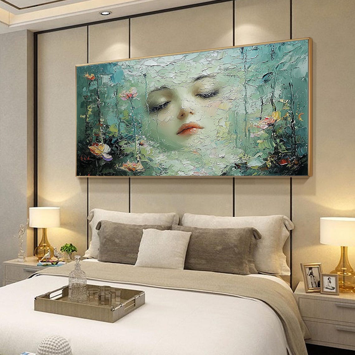 Sleeping Woman Face Emerging from Green Floral Texture Poster - Image 6