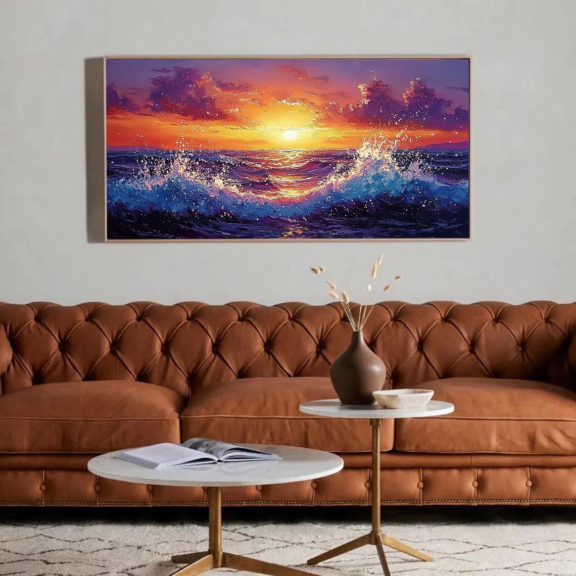Purple Wave Sunset Seascape with Fiery Orange Sky Oil Poster - Image 3