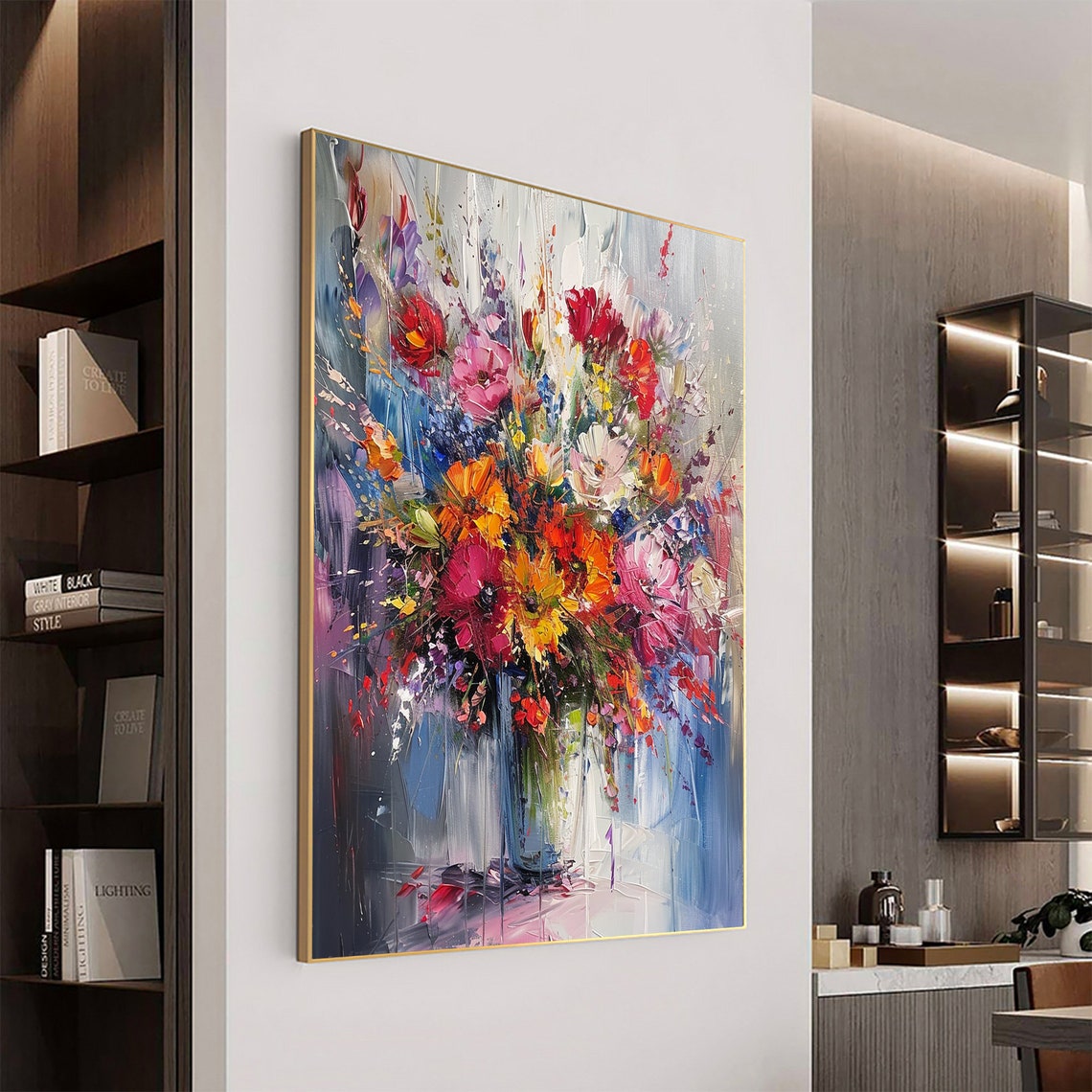 Colorful Wildflower Bouquet Gray Blue Vertical Painting Poster - Image 6