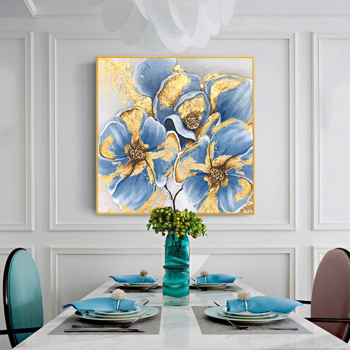 Blue Flowers Gold Foil Accents Square Floral Oil Painting Poster - Image 4