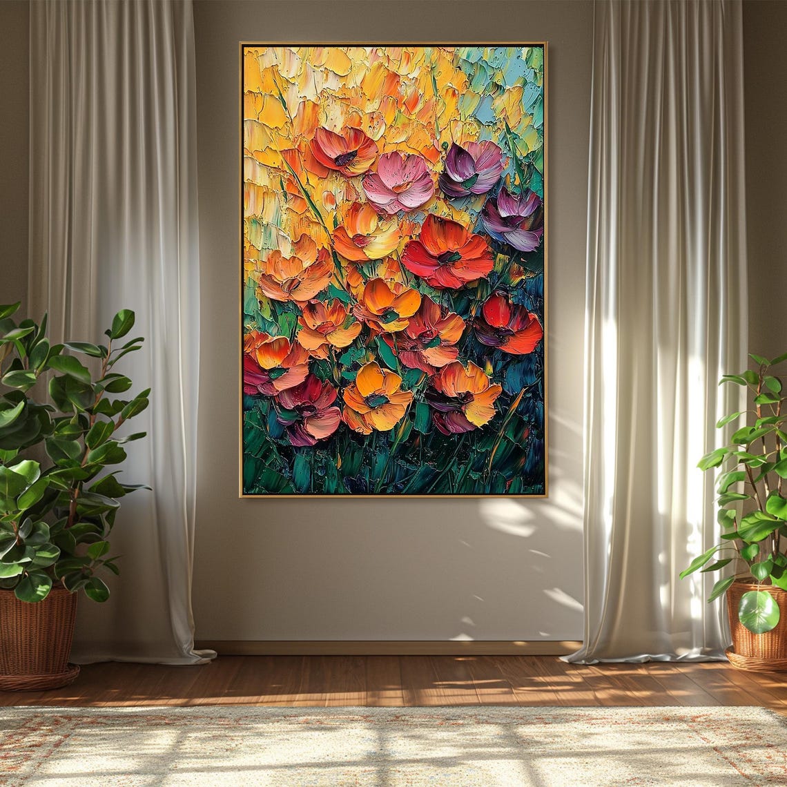 Orange Red Poppy Flowers Teal Impasto Square Floral Painting Poster - Image 4