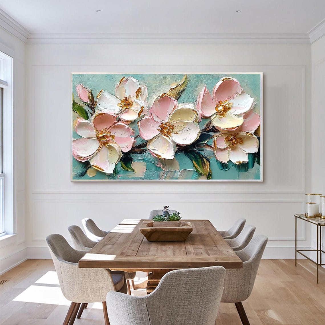 Pink Magnolia Blossoms with Gold Edges on Teal Canvas Art Poster - Image 3