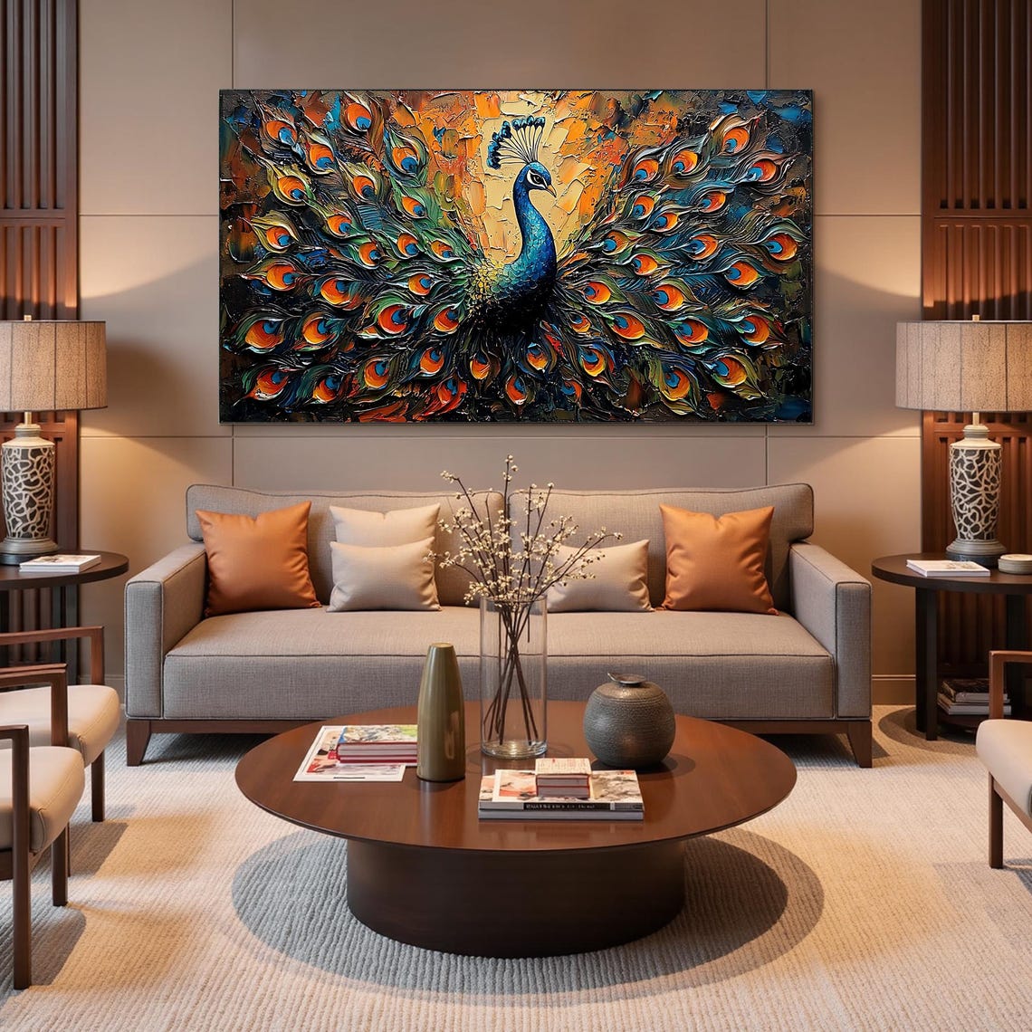 Majestic Peacock with Fanned Iridescent Tail in Impasto Poster - Image 2
