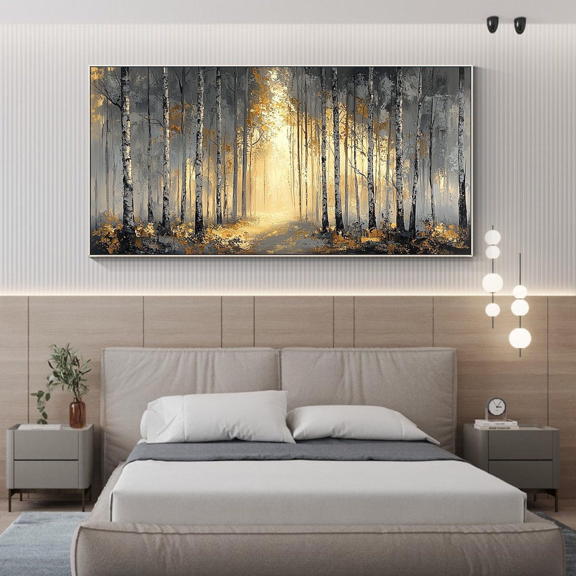 Sunlit Birch Forest Path with Golden Light on Gray Trees Poster - Image 3