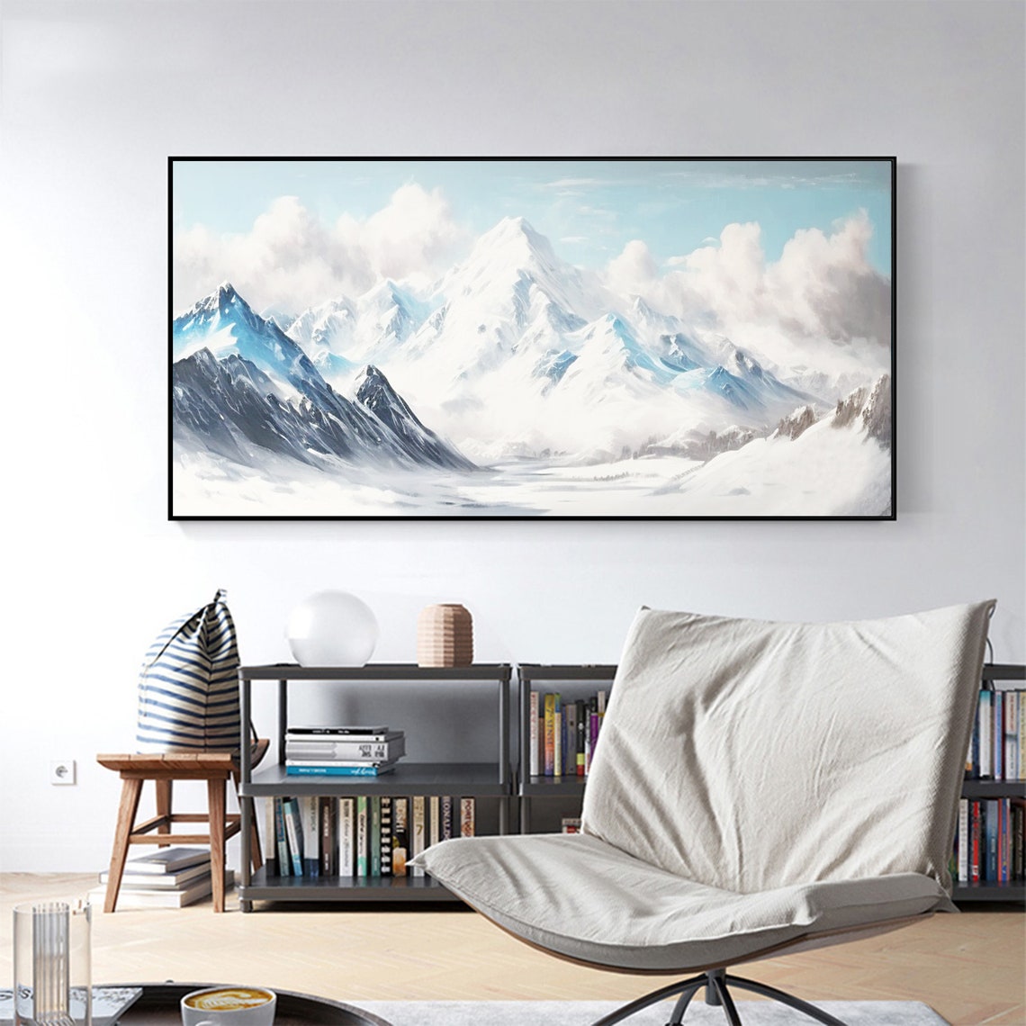 Snow Capped Alpine Mountain Peaks Under Soft Blue Clouds Poster - Image 6