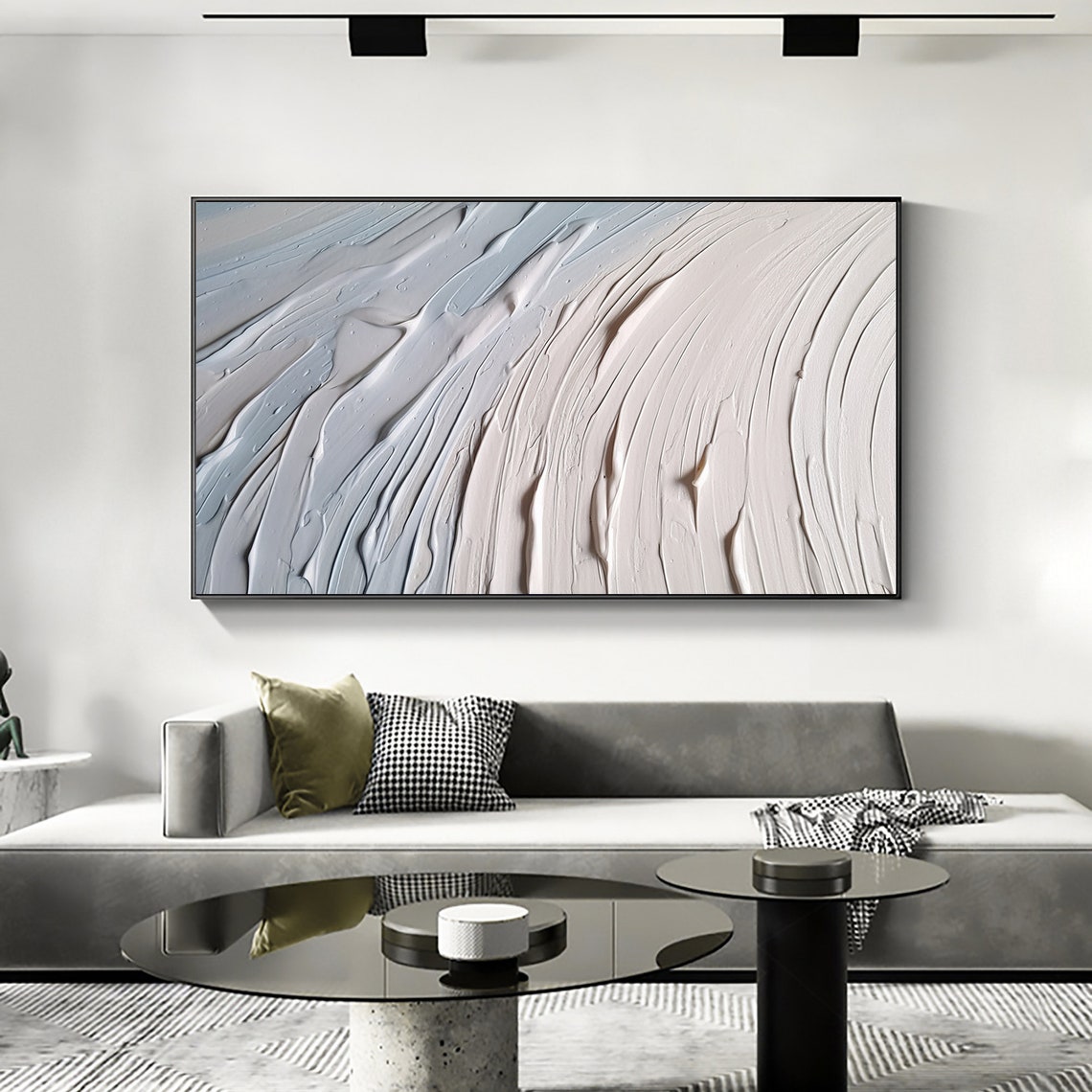Blue To White Swirl Wave Texture Horizontal Abstract Painting Poster - Image 3