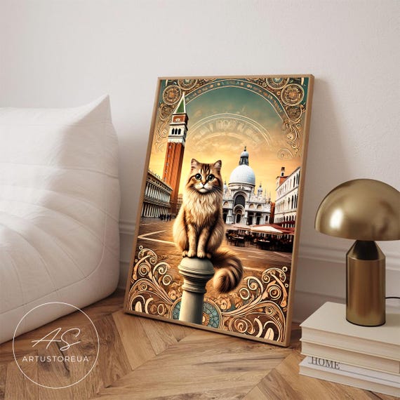 Venice Art Print Piazza San Marco Vintage Italy Poster Nouveau Decor Cityscape Cat Illustration