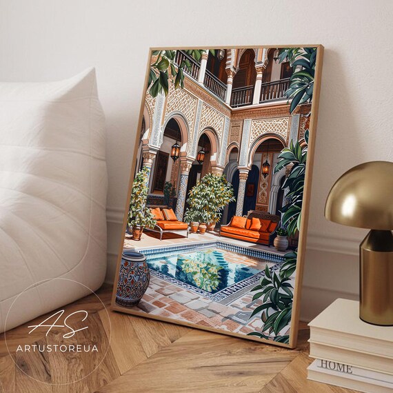 Moroccan Riad Courtyard Illustrated Mosaic Pool Orange Sofas Art Poster