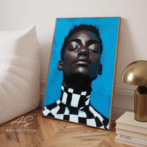 Black Man Portrait Painting Blue Wall Art Checkered Abstract Expressionist