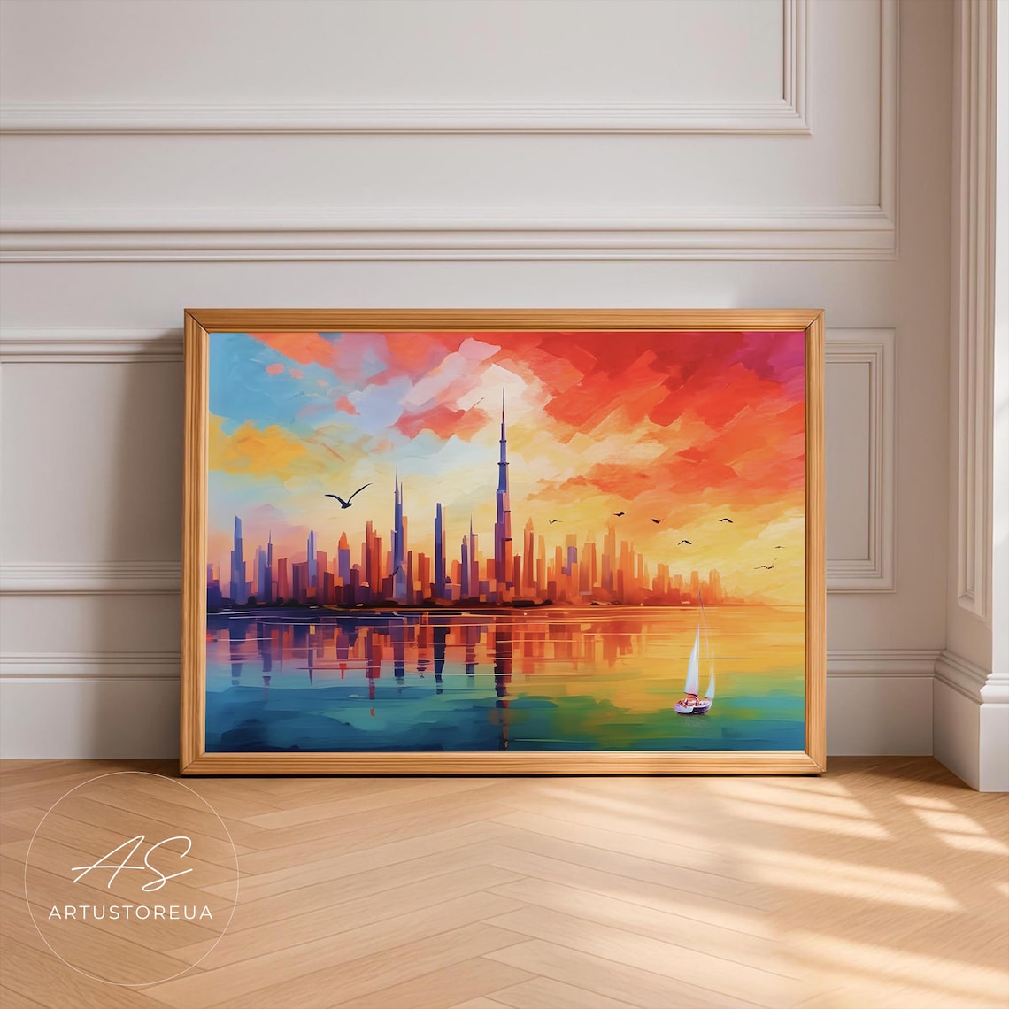 Dubai Skyline Sunset Sailboat UAE City Watercolor Art Poster