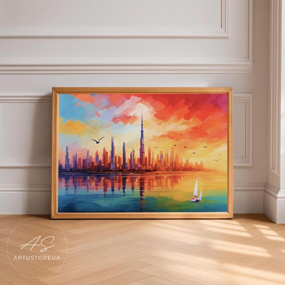 Dubai Poster City Skyline Sunset Wall Art Uae Print Building Artwork Landscape Waterfront Scene