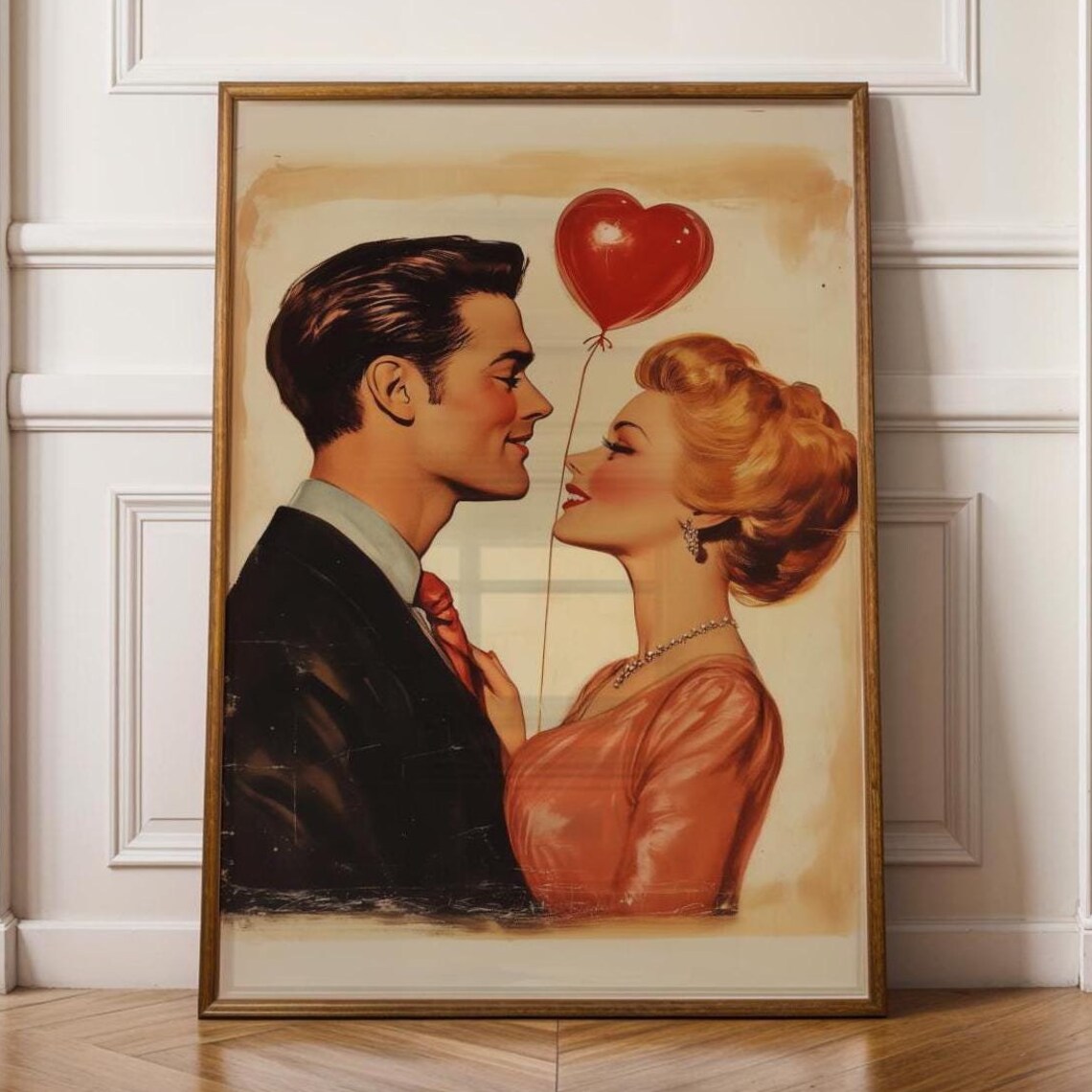 Vintage Couple with Heart Shaped Balloon Retro Valentine Love Poster