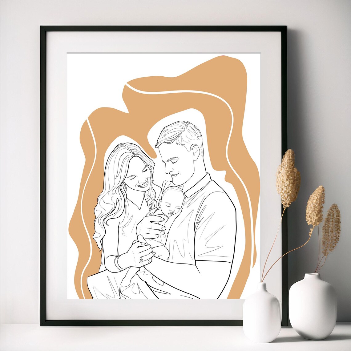 New Parents Admiring Newborn Line Portrait in Ochre Tones Poster