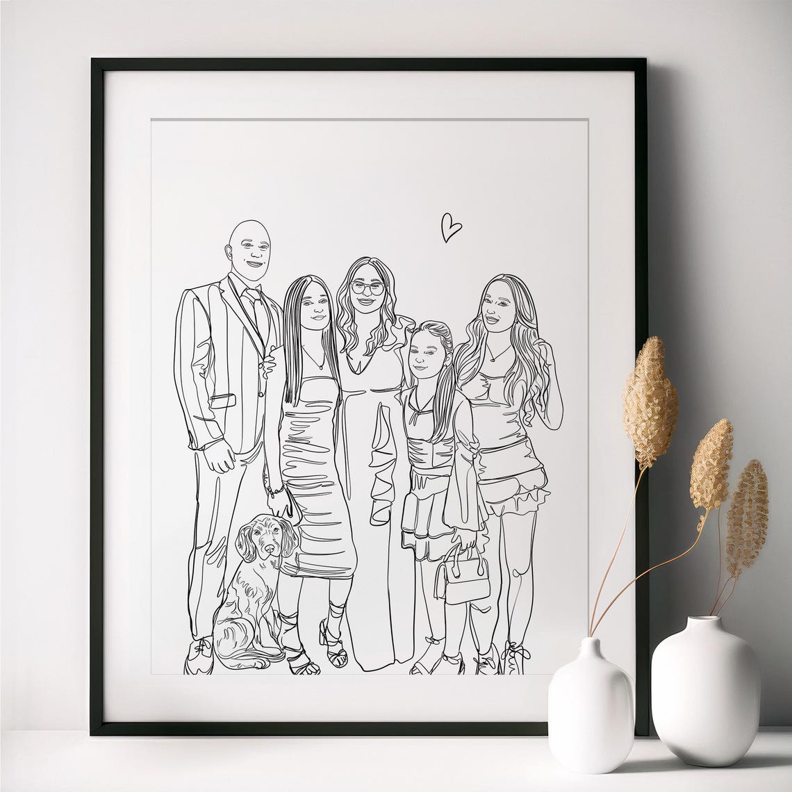 Custom Family Line Art Portrait With Dog and Five Members Poster