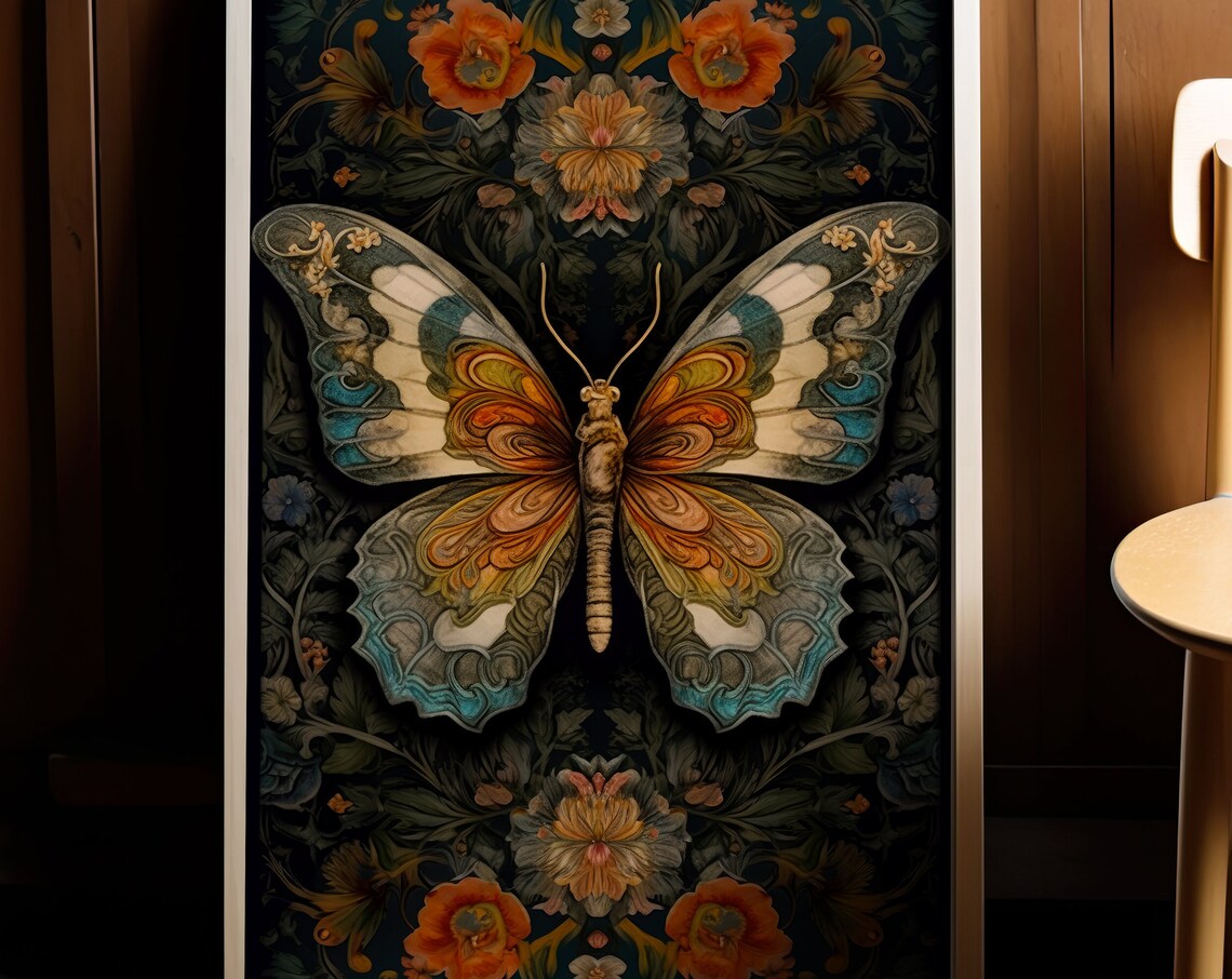 Symmetrical Amber Butterfly Dark Floral Botanical Vintage Poster