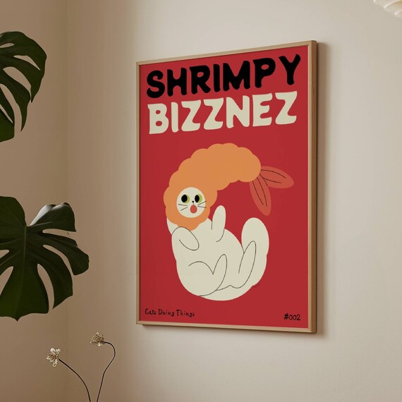 Shrimpy Bizznez Funny White Cat Tempura Bold Red Kitchen Poster