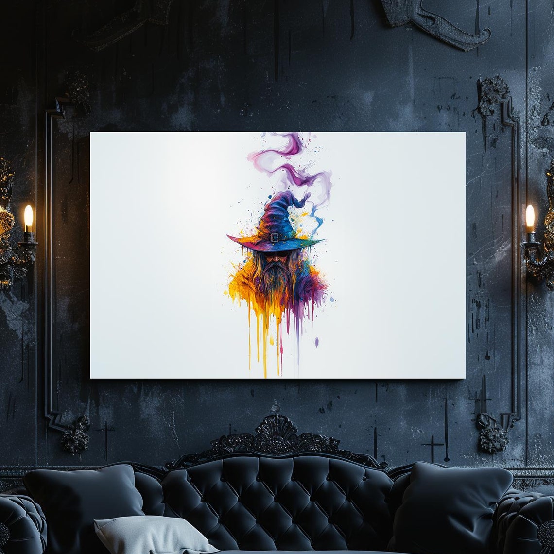 Watercolor Wizard Portrait in Starry Hat Magic Fantasy Poster