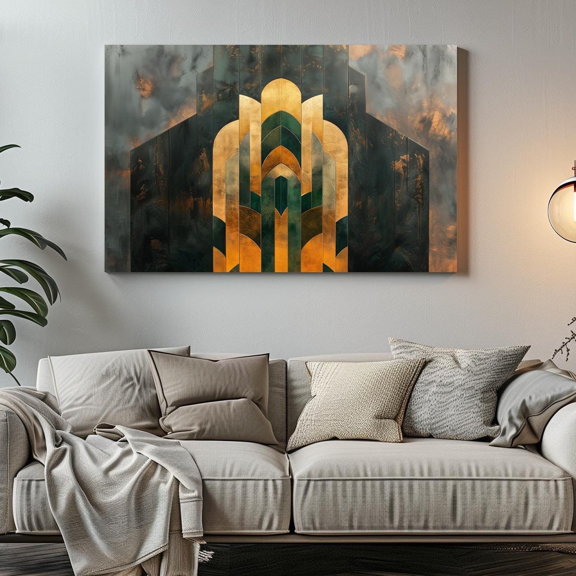 Emerald And Gold Art Deco Arch With Chevrons On Dark Smoke Print