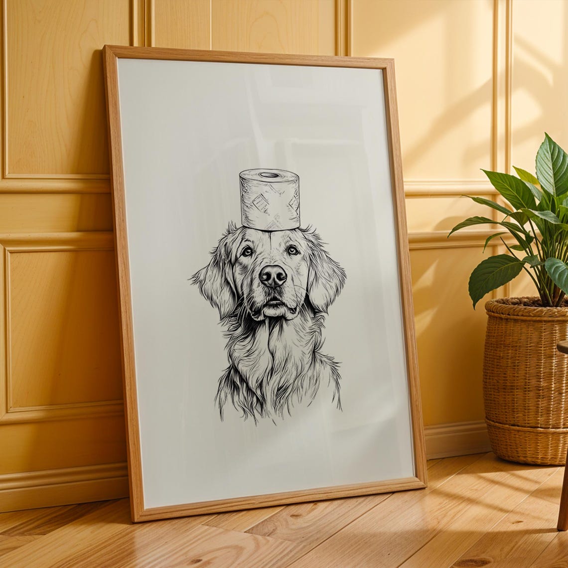 Funny Golden Retriever Wearing Toilet Paper Roll Crown Bathroom Poster