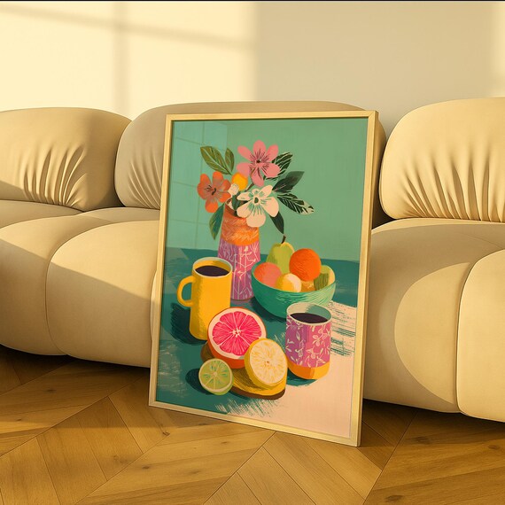 Sage Green Citrus Still Life with Coffee Mugs and Flowers Poster