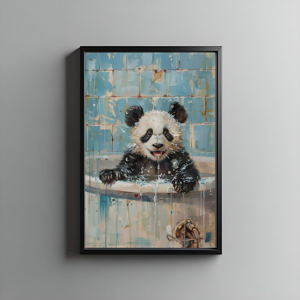 Playful Baby Panda Splashing in a Bathtub Cute Funny Bathroom Poster